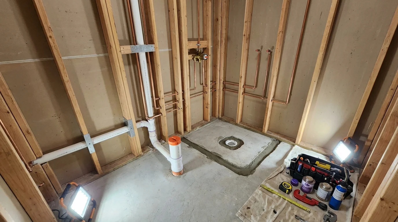 Bathroom rough-in plumbing during remodel by Johns Plumbing LLC in Bridgeton