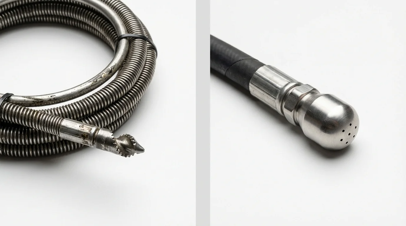 Drain snake cable and hydro jetting nozzle used for drain cleaning in Bridgeton, MO