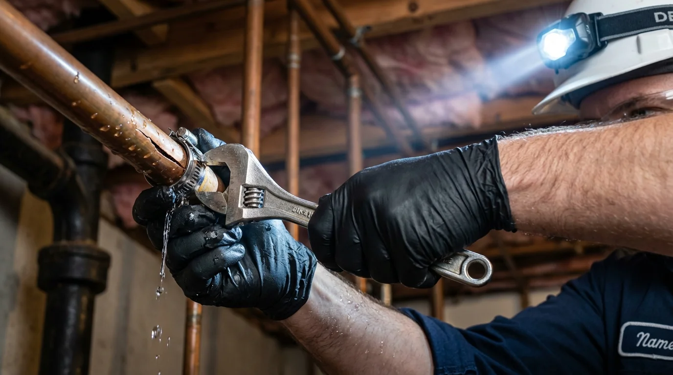 Emergency pipe clamp repair being performed by a Johns Plumbing LLC plumber in Bridgeton