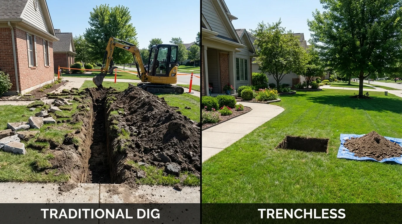 Trenchless sewer repair with minimal yard damage versus traditional excavation in Bridgeton, MO