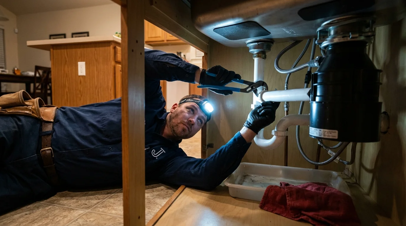 P-trap and supply line connections under a kitchen sink showing a common leak point in Bridgeton, MO